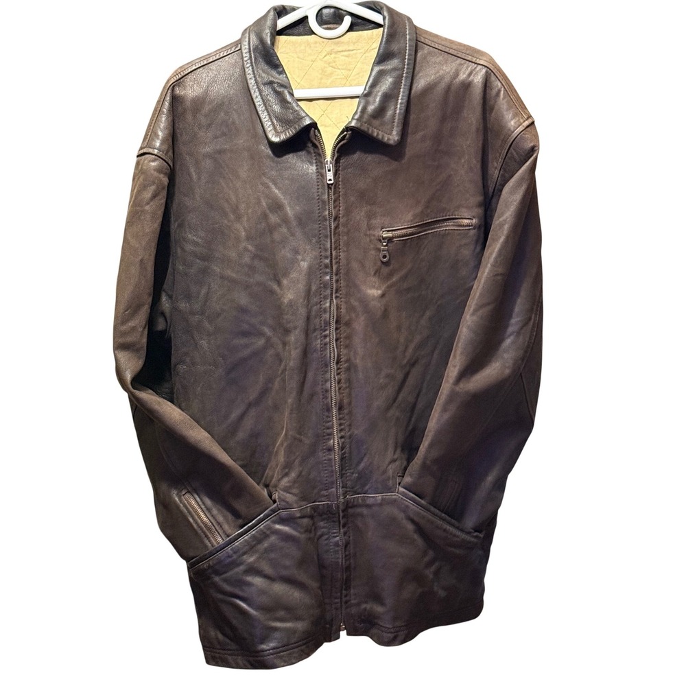 Aliza's Outerwear Vintage Brown Leather Bomber Jacket Full Zip Quilted Lining
